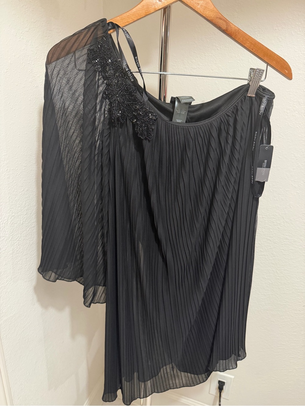 Bisou Bisou Black One-Shoulder Pleated Chiffon Dress with Beaded Detail